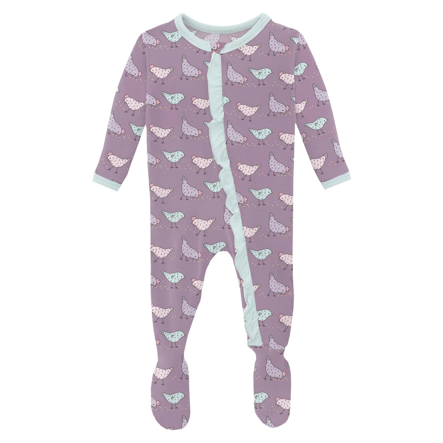 Kickee Lavender Chickens | Print Classic Ruffle 2 Way Zipper