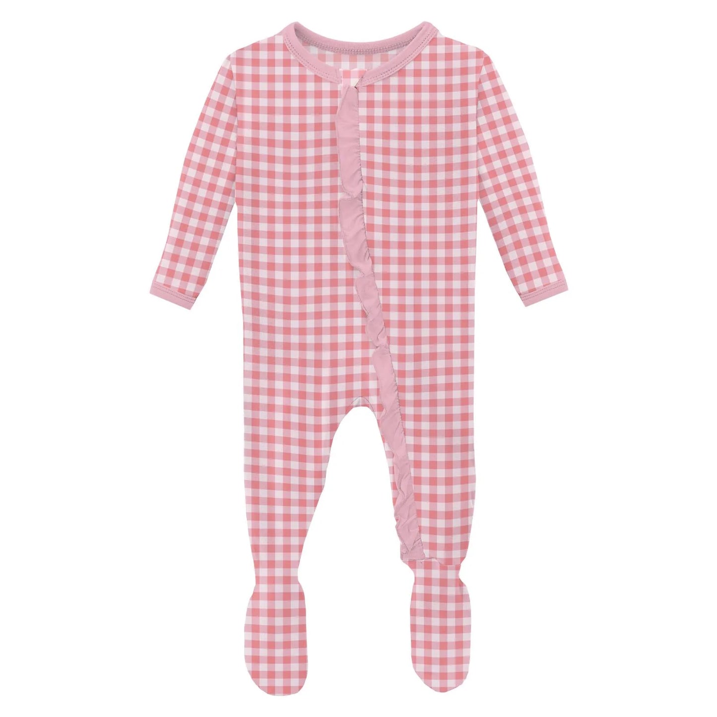 Kickee Cake Pop Gingham | Print Classic Ruffle Footie With Two Zipper