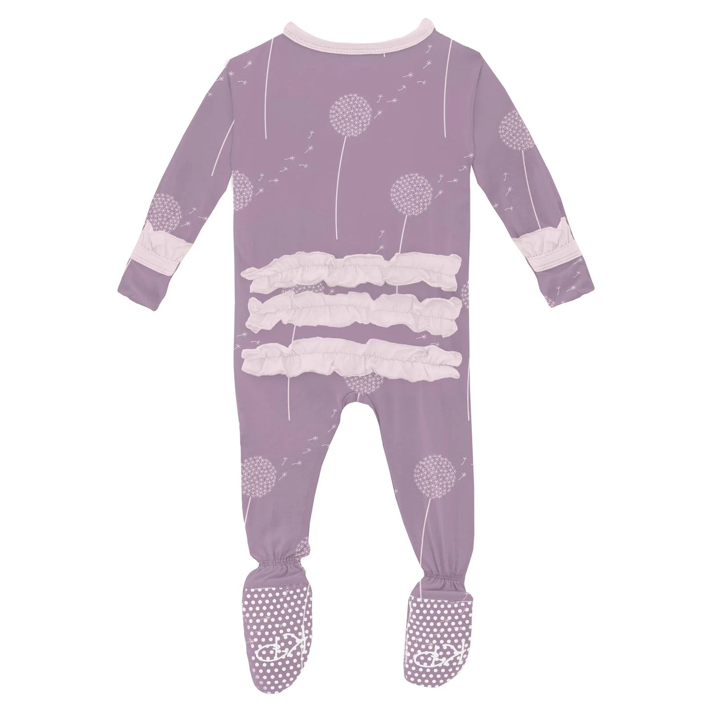 KicKee Lavender Dandelion Wish | Print Classic Ruffle Footie With 2 Way Zipper