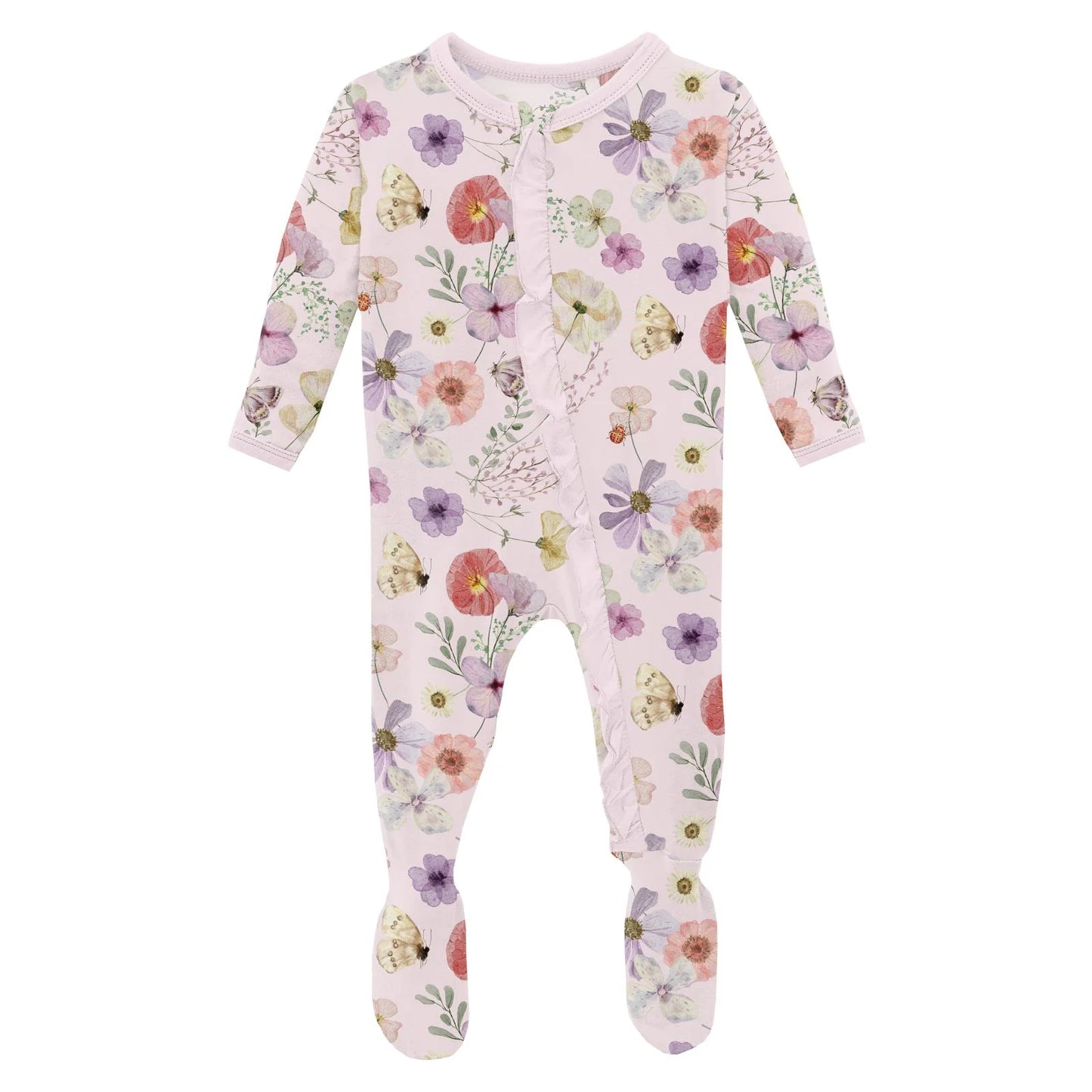Kickee Shrinking Violet Pressed Flowers | Print Classic Ruffle Footie With 2 Way Zipper