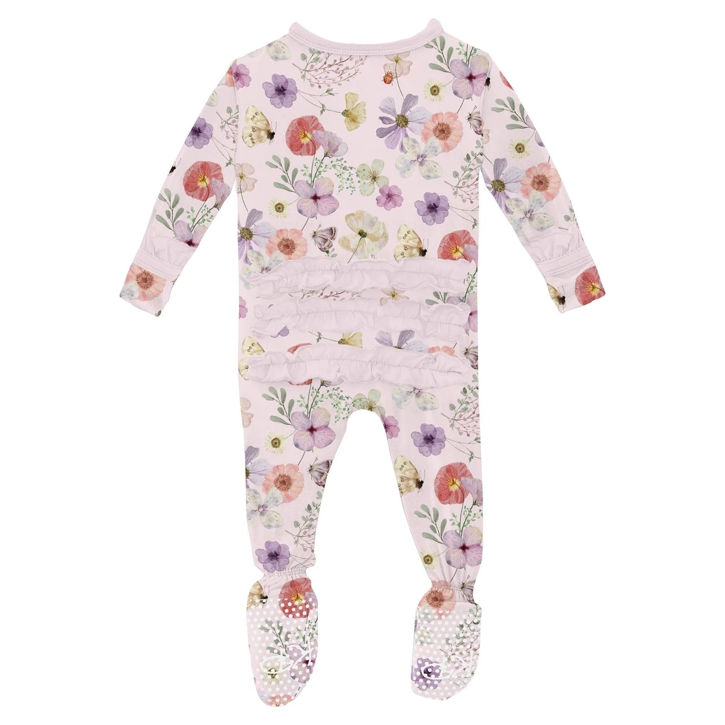 Kickee Shrinking Violet Pressed Flowers | Print Classic Ruffle Footie With 2 Way Zipper