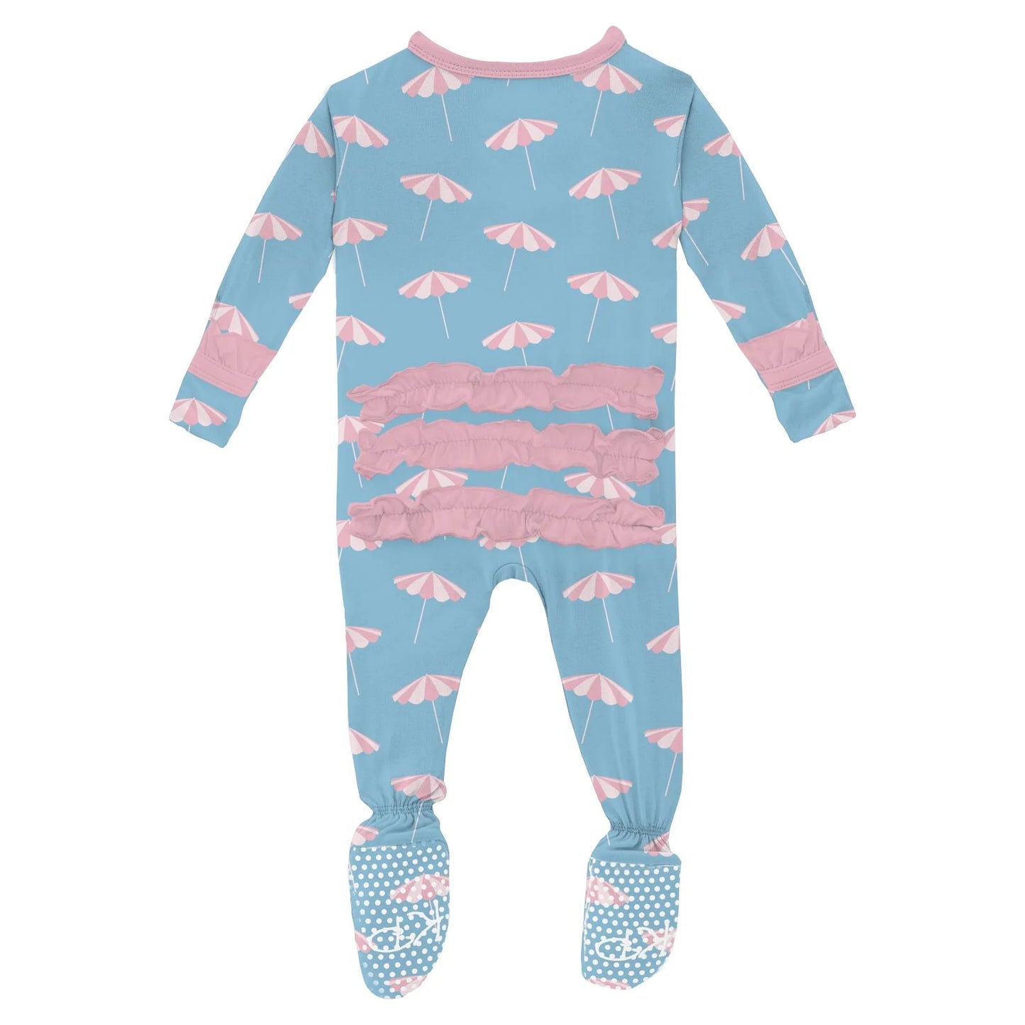 Kickee Seaside Blue Beach | Print Classic Ruffle Footie With 2 Way Zipper