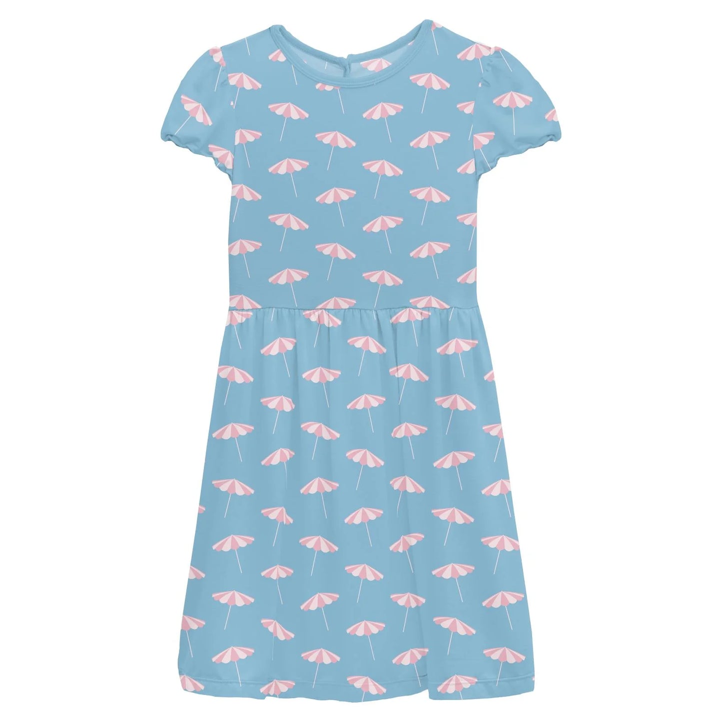 Kickee Seaside Blue Beach Umbrellas | Print Flutter Sleeve Twirl Dress With Pockets