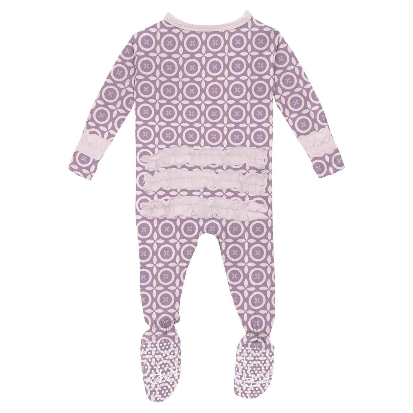 KicKee Lavender Flower Lattice | Print Classic Ruffle Footie With 2 Way Zipper