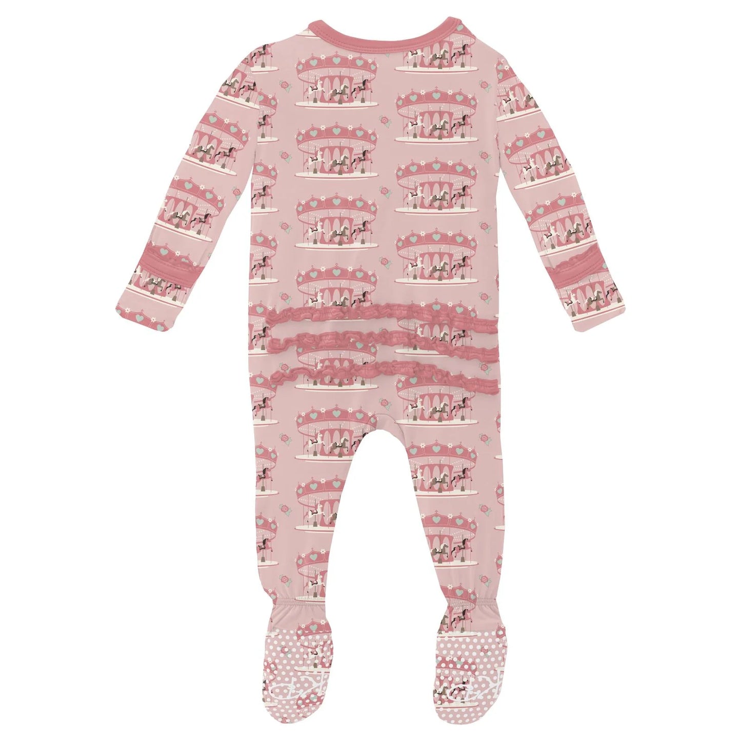 Kickee Baby Rose Fair Carousel | Print Muffin Ruffle Footie With 2 Way Zipper