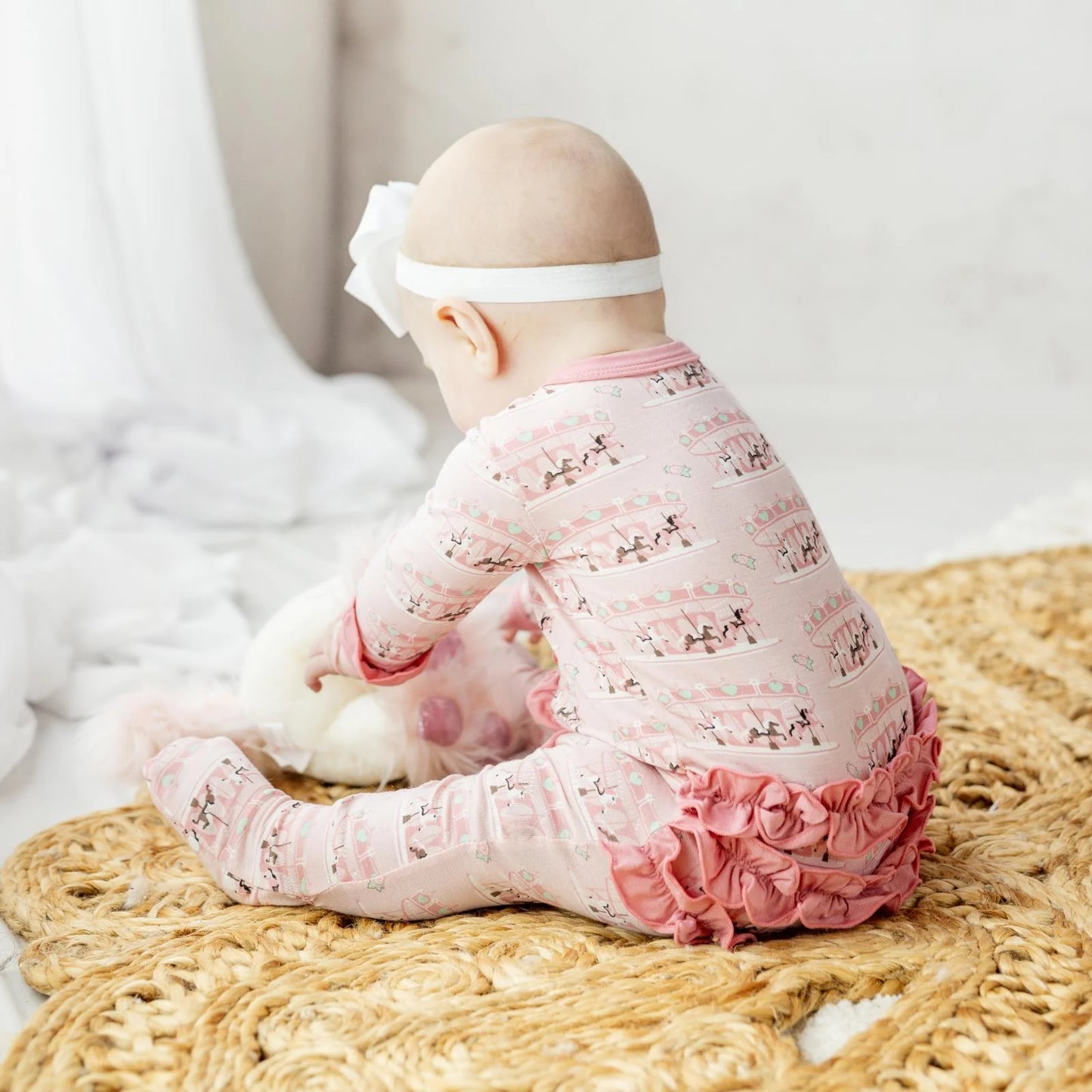 Kickee Baby Rose Fair Carousel | Print Layette Ruffle Footie With 2 Way Zipper
