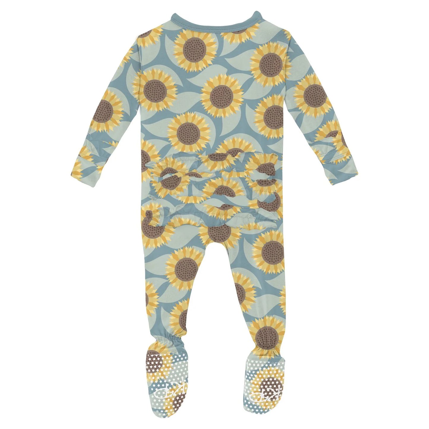 KicKee Stomy Sea Sunflower | Print Layette Ruffle Footie With 2 Way Zipper