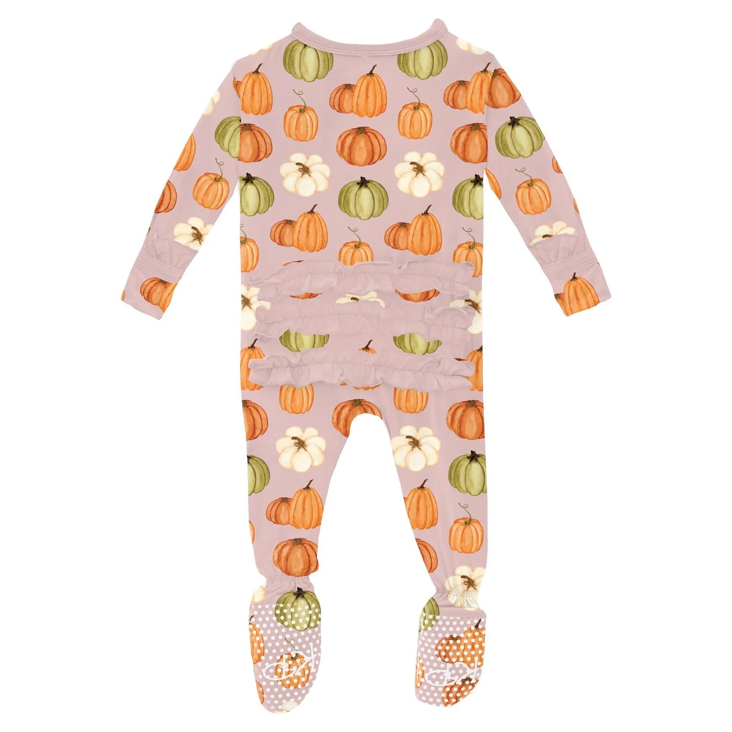 KicKee Baby Rose Pumpkin Patch | Print Layette Ruffle Footie With 2 Way Footie