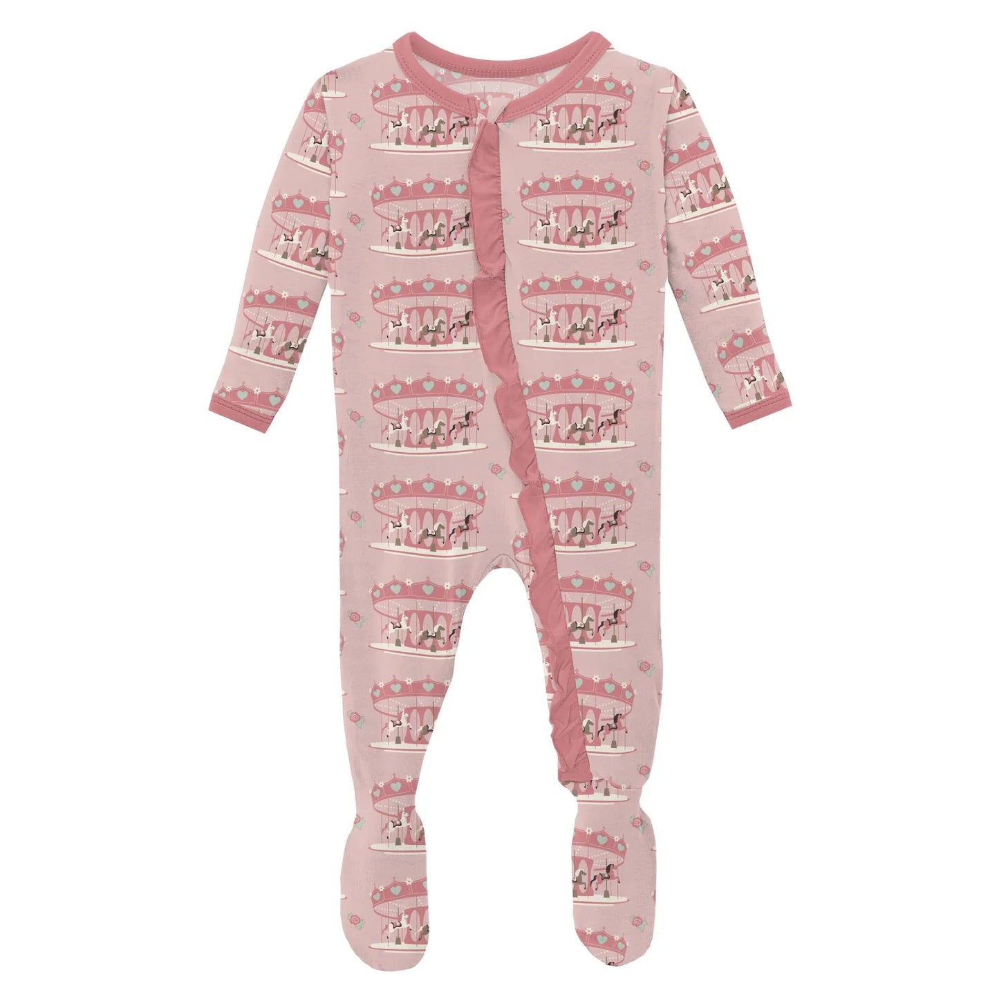 Kickee Baby Rose Fair Carousel | Print Layette Ruffle Footie With 2 Way Zipper
