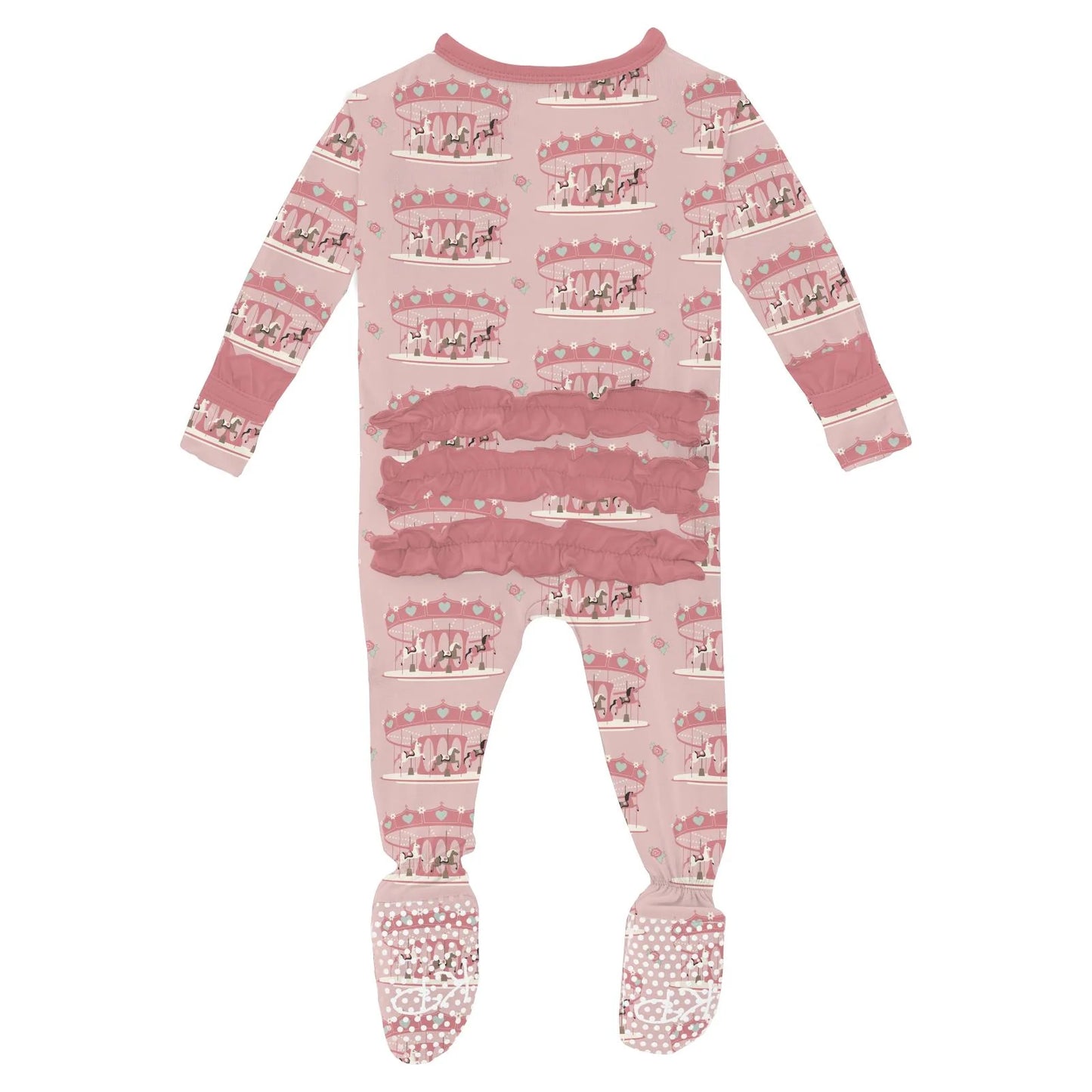 Kickee Baby Rose Fair Carousel | Print Layette Ruffle Footie With 2 Way Zipper