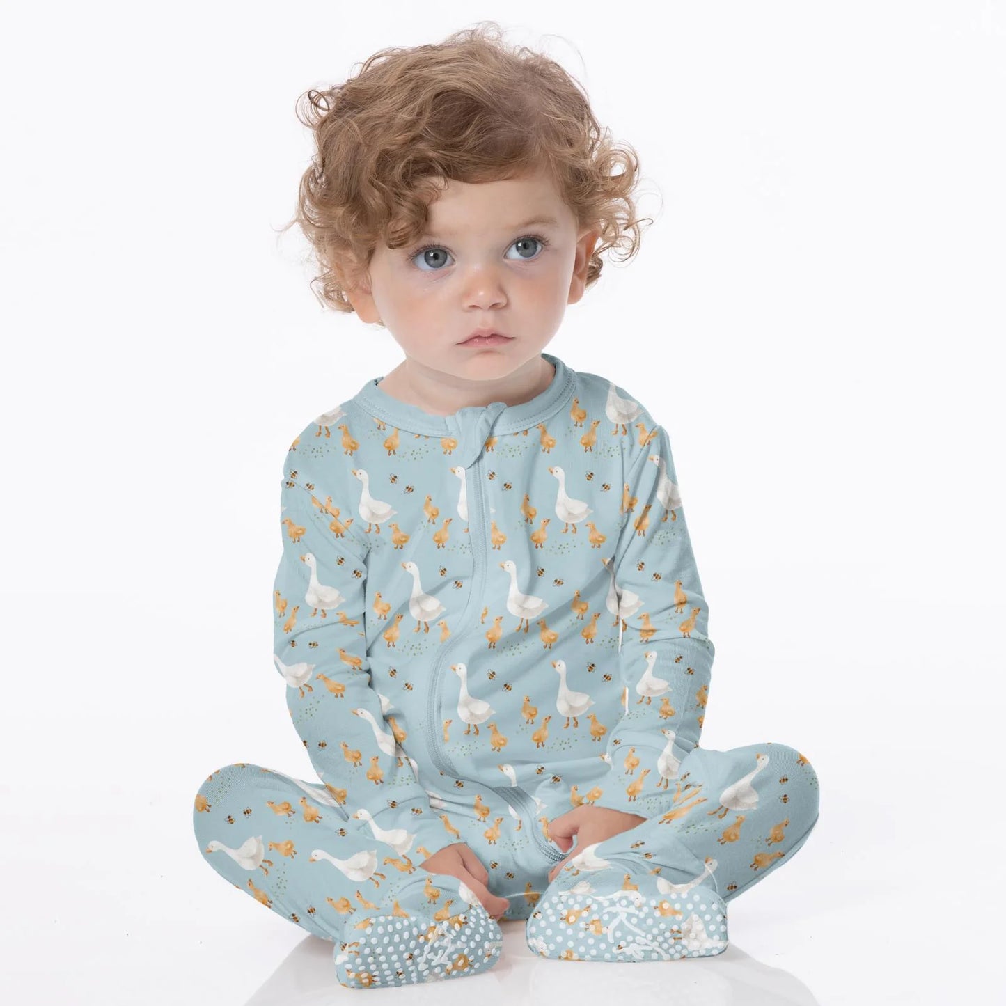 KicKee Spring Sky Feeding Ducks | Print Footie With 2 Way Zipper