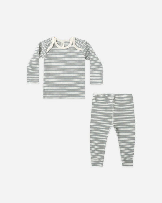 Quincy Mae Steel Blue Micro Stripe | Ribbed Tee + Legging Set