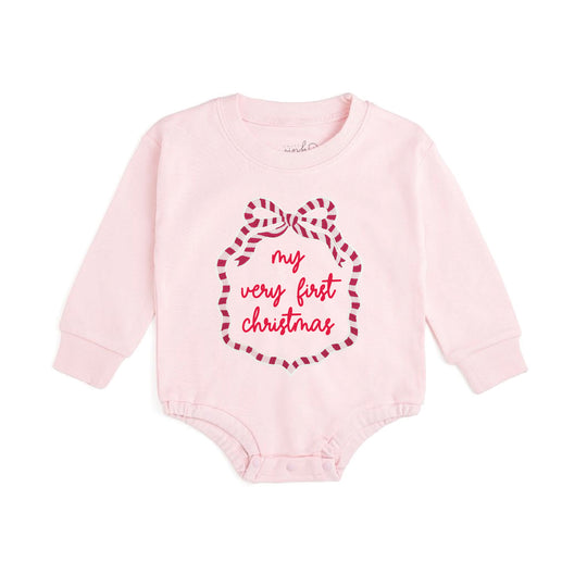 Sweet Wink Ballet Pink | My First Christmas Sequin Bow Patch Long Sleeve Romper