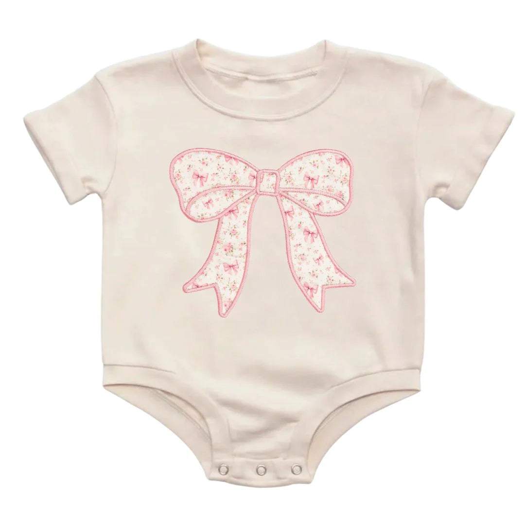 Sweet Wink Natural | Ditsy Floral Bow Patch Short Sleeve Romper