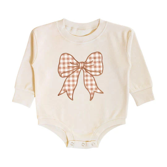 Sweet Wink Natural | Gingham Bow Patch Long Sleeve Romper