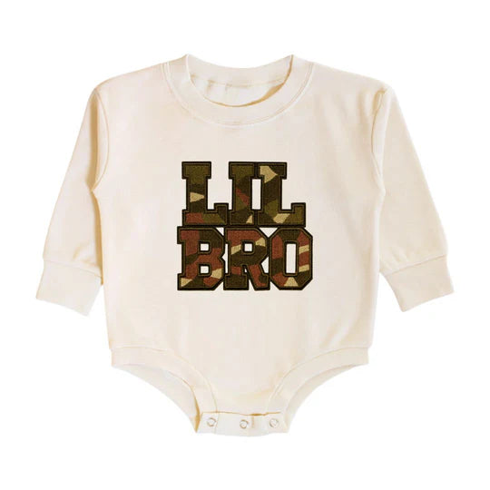 Sweet Wink Natural Heather | Lil' Bro Camo Patch Long Sleeve Romper