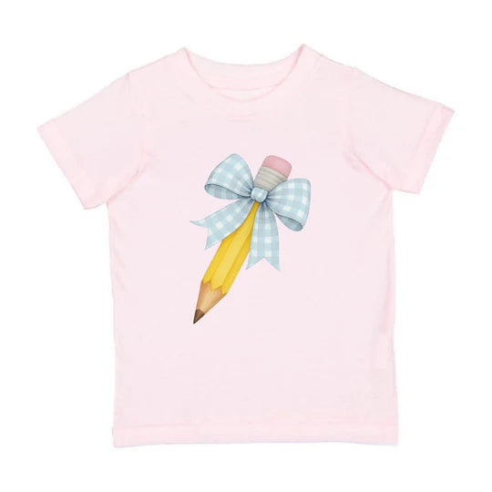 Sweet Wink Ballet Pink | Blue Plaid Pencil Bow Short Sleeve T-Shirt