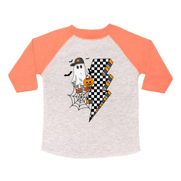 Sweet Wink Heathered Orange | Checker Ghost 3/4 Sleeve Halloween Shirt