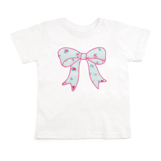 Sweet Wink White | Sky Blue Floral Bow Patch Short Sleeve T-Shirt