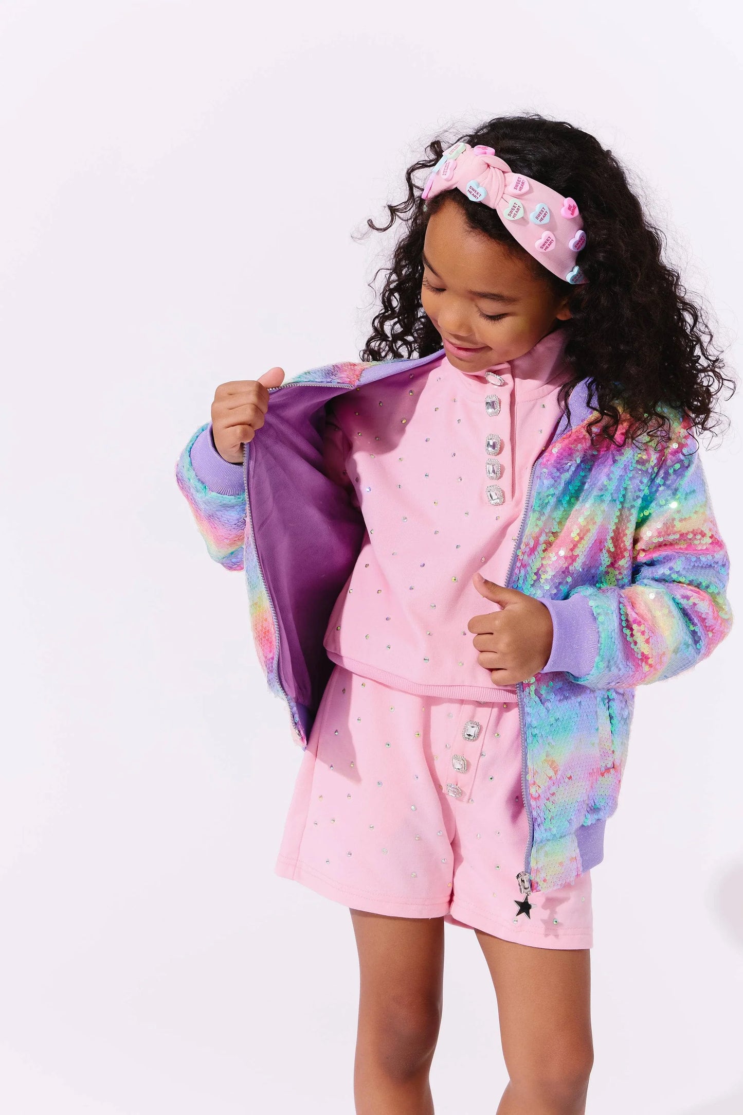 Lola + The Boys Rainbow Sequin Stripe | Bomber Jacket