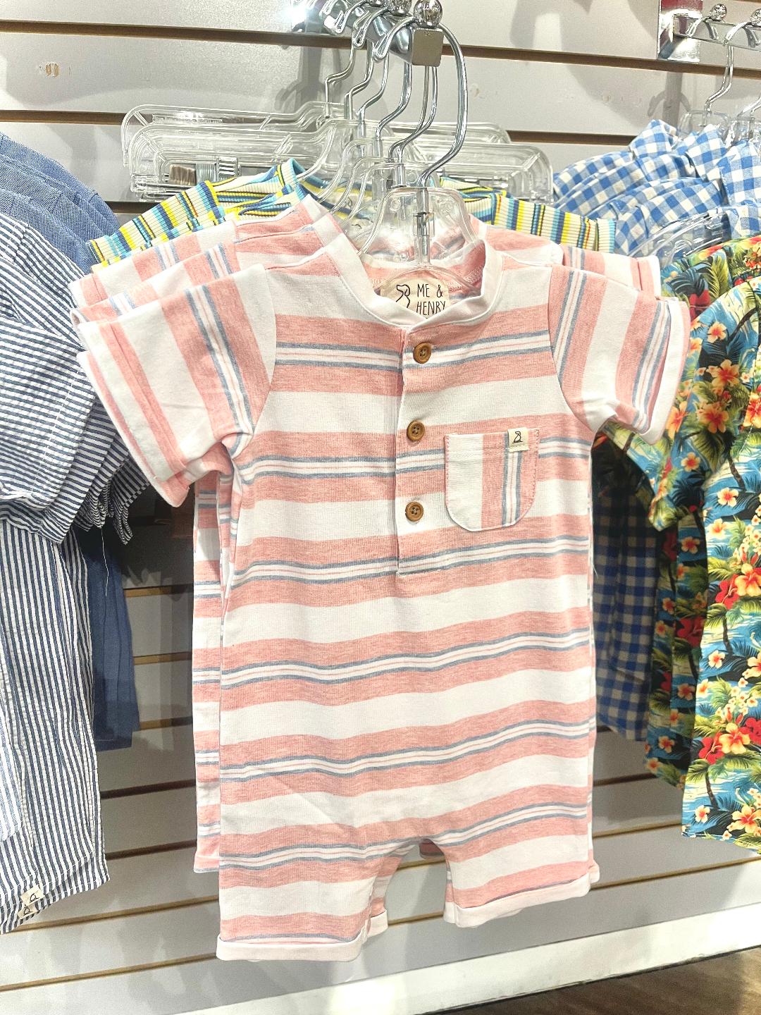 Me & Henry Pink, Grey, & White Multi Striped | Camborne Rib Henley Romper
