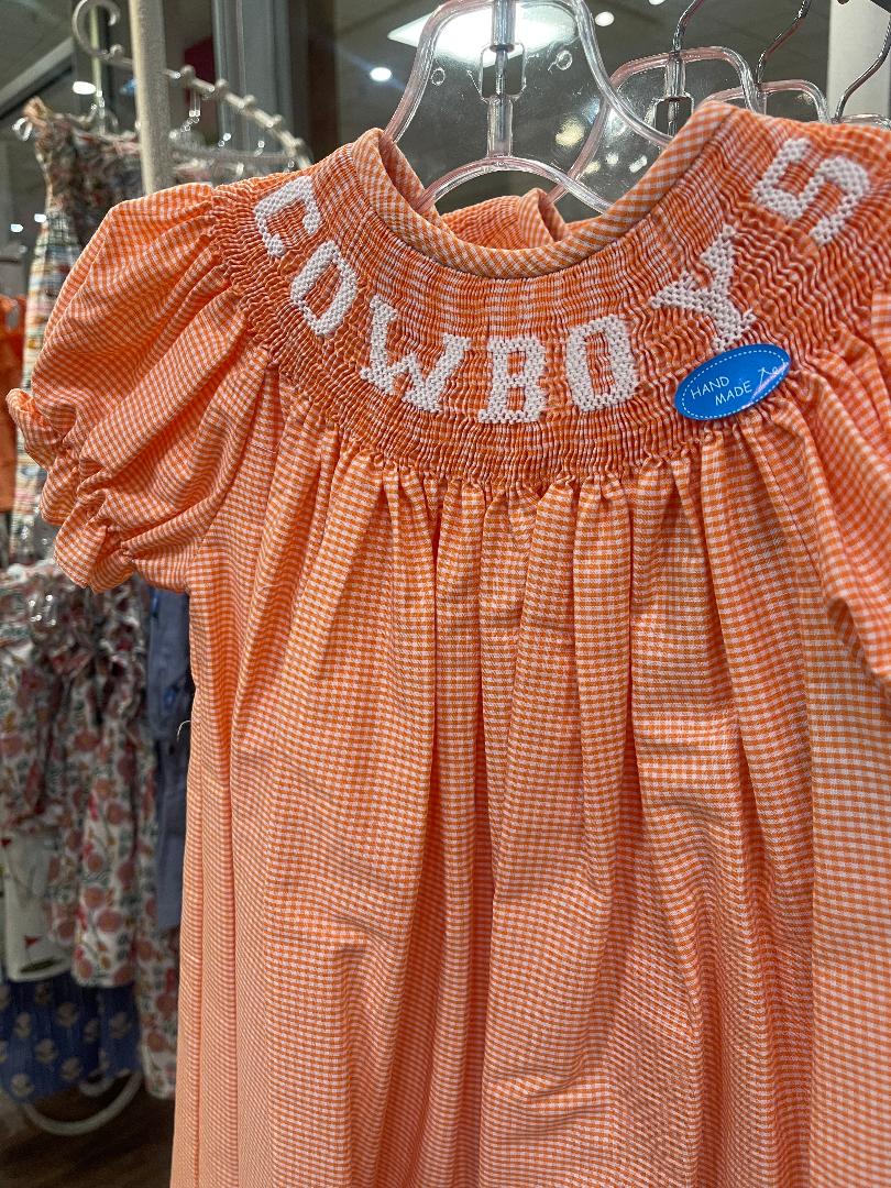 Vive La Fete OSU Orange | Smocked Gingham Short Sleeve Bishop Dress