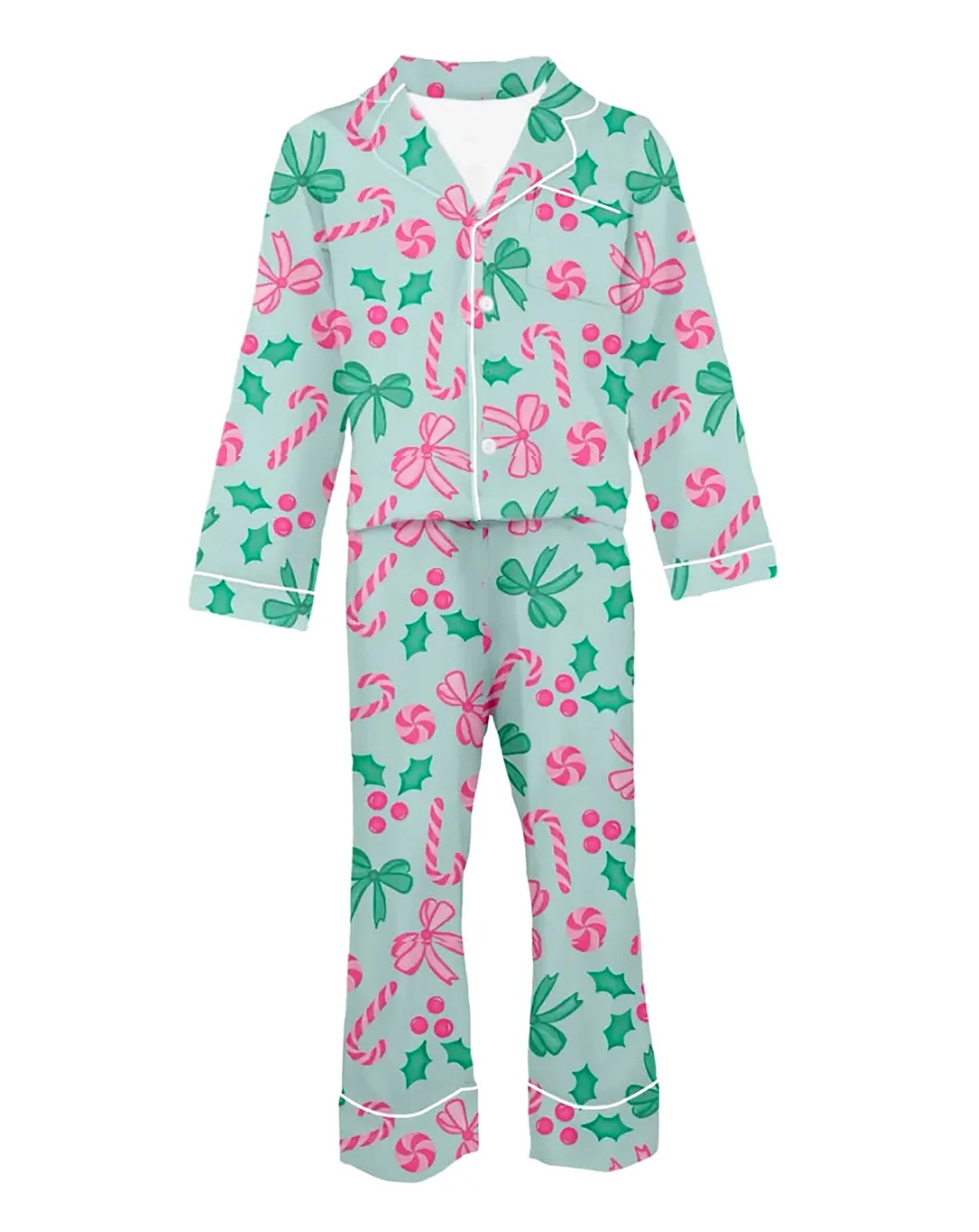 Tweenstyle Mint | Holly Jolly Print Long Sleeve Satin Loungewear Set
