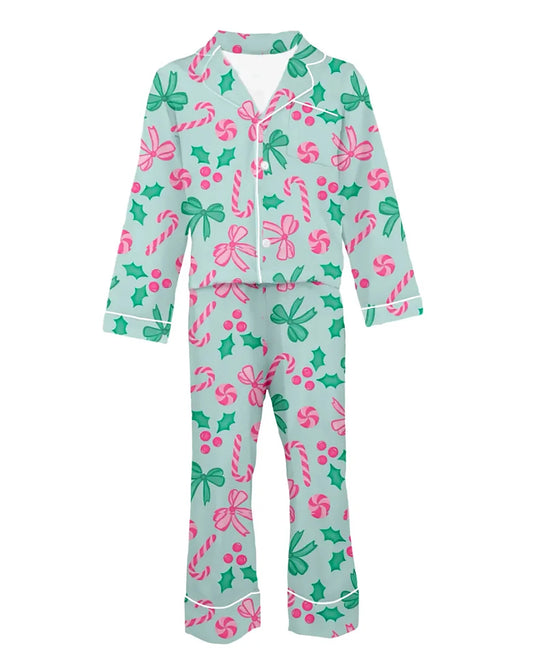 Tweenstyle Mint | Holly Jolly Print Long Sleeve Satin Loungewear Set