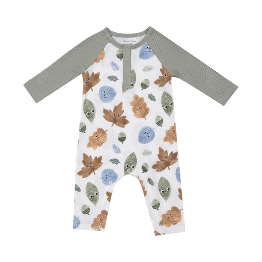 Angel Dear Green Cuddly Leaves | Long Sleeve Raglan Henley Romper