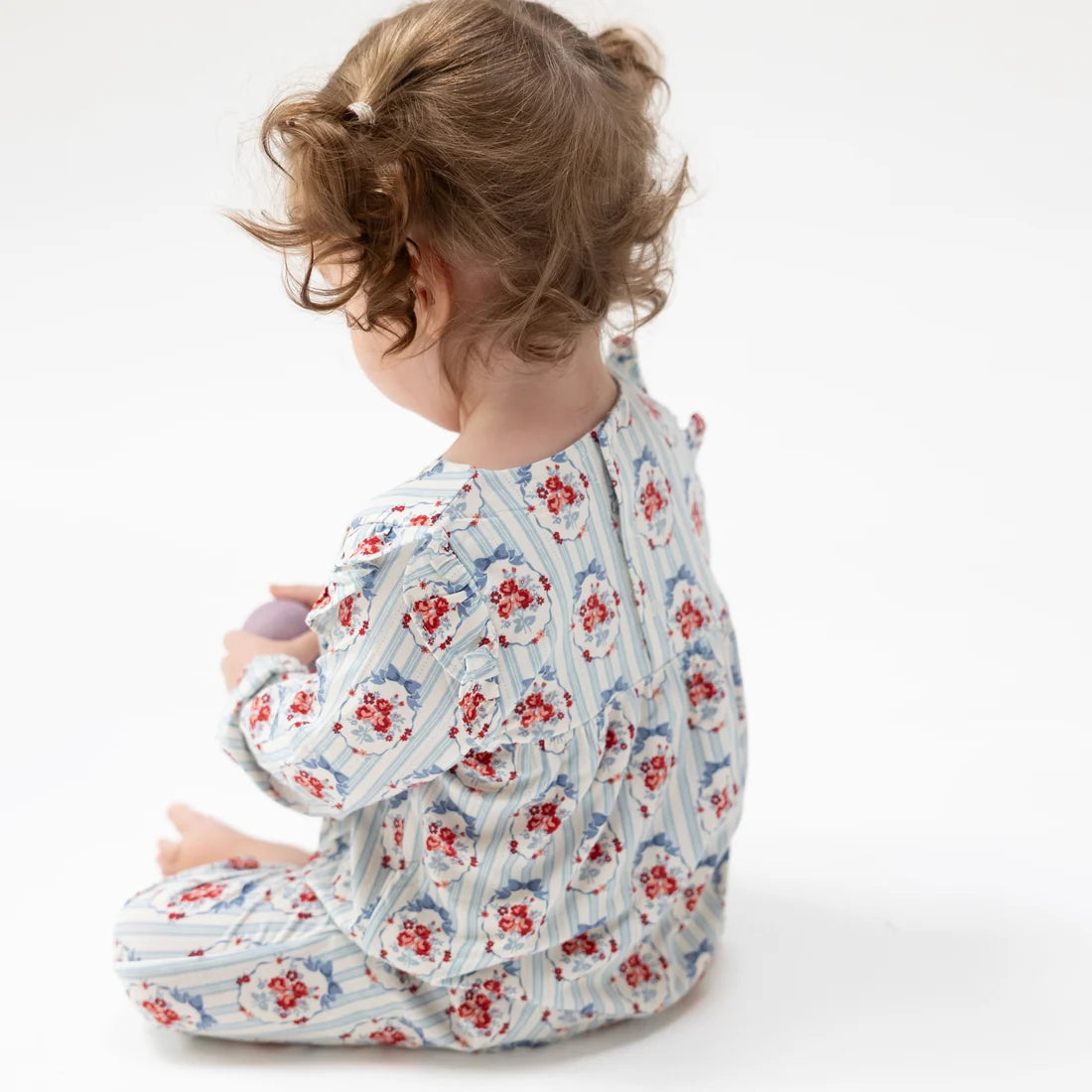 Angel Dear Ivory Blue | Beverly Cameo Stripe Ruffle Sleeve Snap Romper