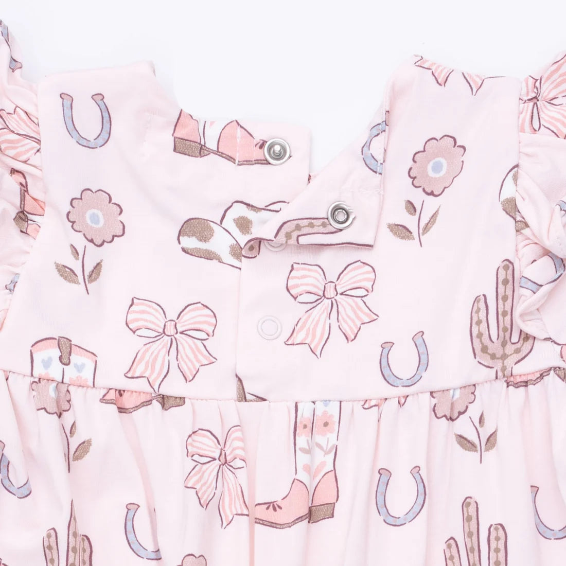 Angel Dear Pink | Cowgirl Boots and Bows Ruffle Sleeve Snap Romper