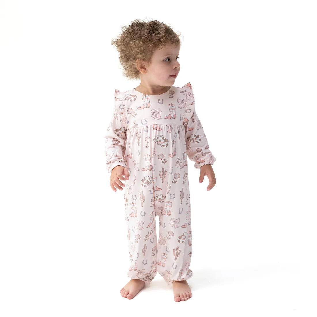 Angel Dear Pink | Cowgirl Boots and Bows Ruffle Sleeve Snap Romper
