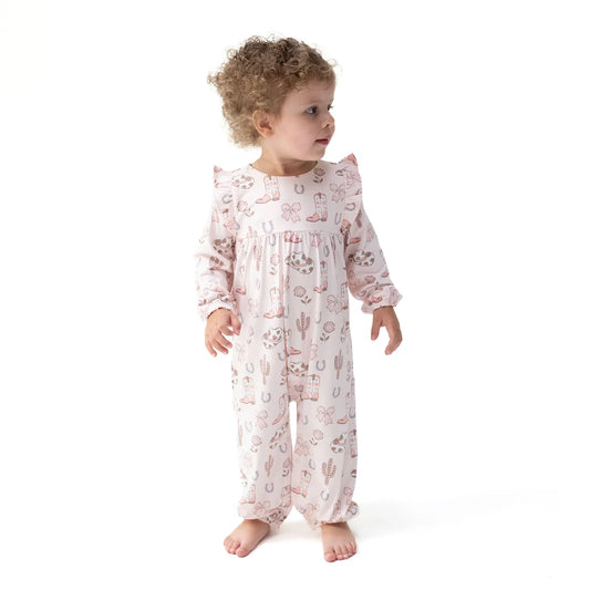 Angel Dear Pink | Cowgirl Boots and Bows Ruffle Sleeve Snap Romper
