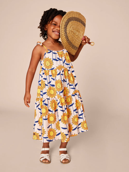Tea African Sunflowers | Tie Shoulder Tiered Dress