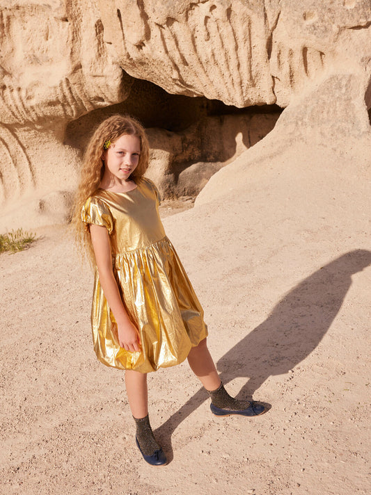 Tea Metallic Gold | Balloon Skirted Dress