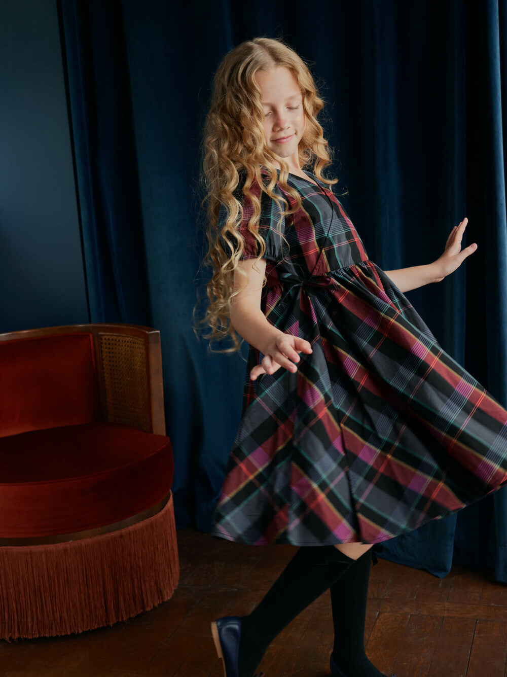 Tea Family Plaid | Tie Wrap Neck Dress