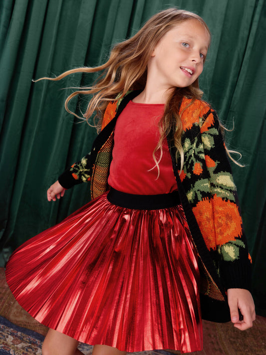 Tea Metallic Red | Pleated Metallic Twirl Skirt