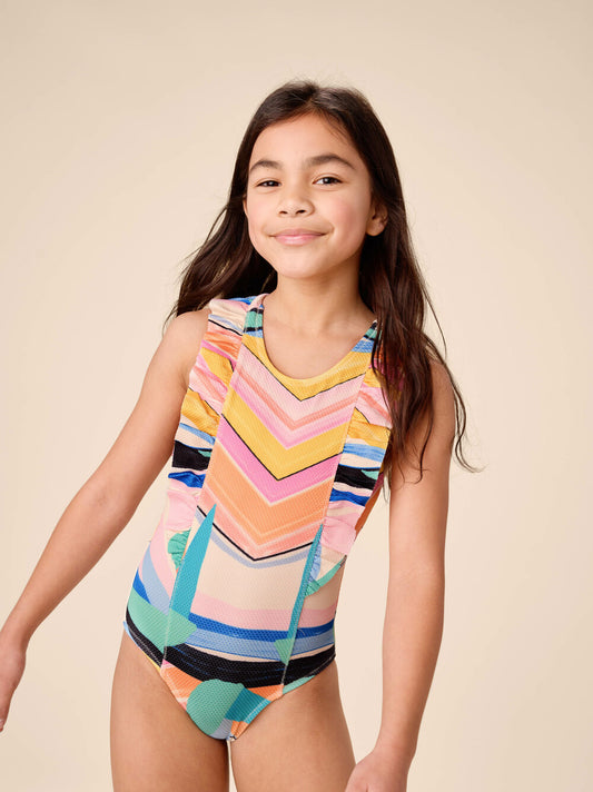 Tea Bird Paradise Stripe | Ruffle One-Piece Swimsuit