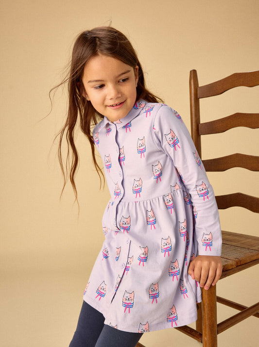 Tea Bow Tie Cats | Collared Long Sleeve Dress