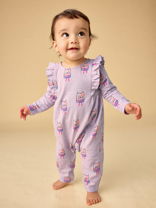 Tea Bow Tie Cats | Ruffle Shoulder Baby Romper