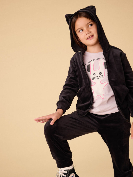 Tea Jet Black | Cat Ears Velour Hoodie