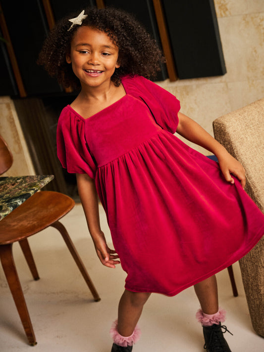 Tea Red Wagon | Puff Shoulder Velour Dress