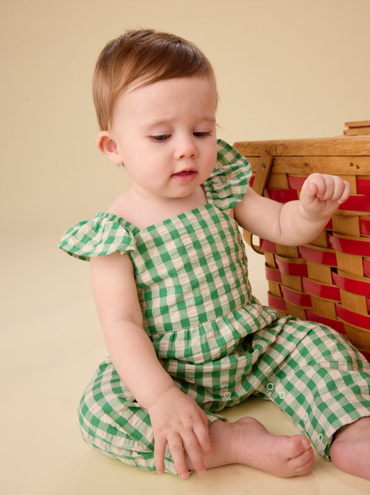 Tea Garden Party Check | Flutter Button Back Romper