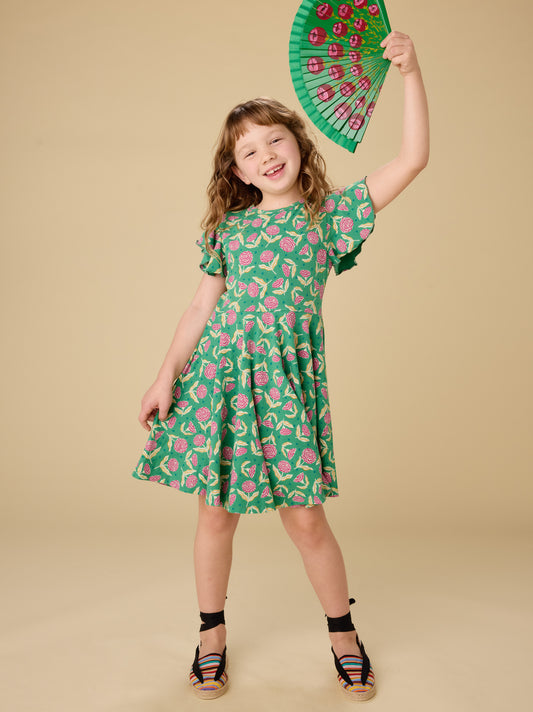 Tea Carnation Toss | Flutter Sleeve Twirl Dress
