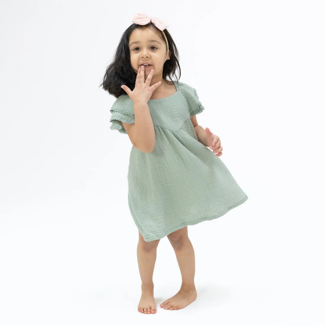 Angel Dear Green | Solid Muslin Jadeite V-Neck Dress and Bloomer Set