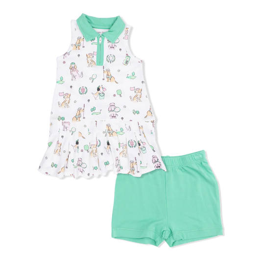 Angel Dear Ivory Pink | Green Country Club Dogs Polo Tennis Dress with Cartwheel Short