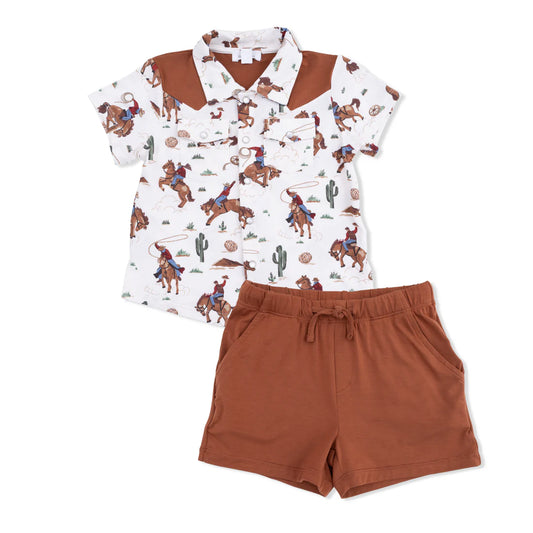 Angel Dear Cream | Buckaroo Western Short Sleeve Pearl Snap Shirt with Casual Short Set