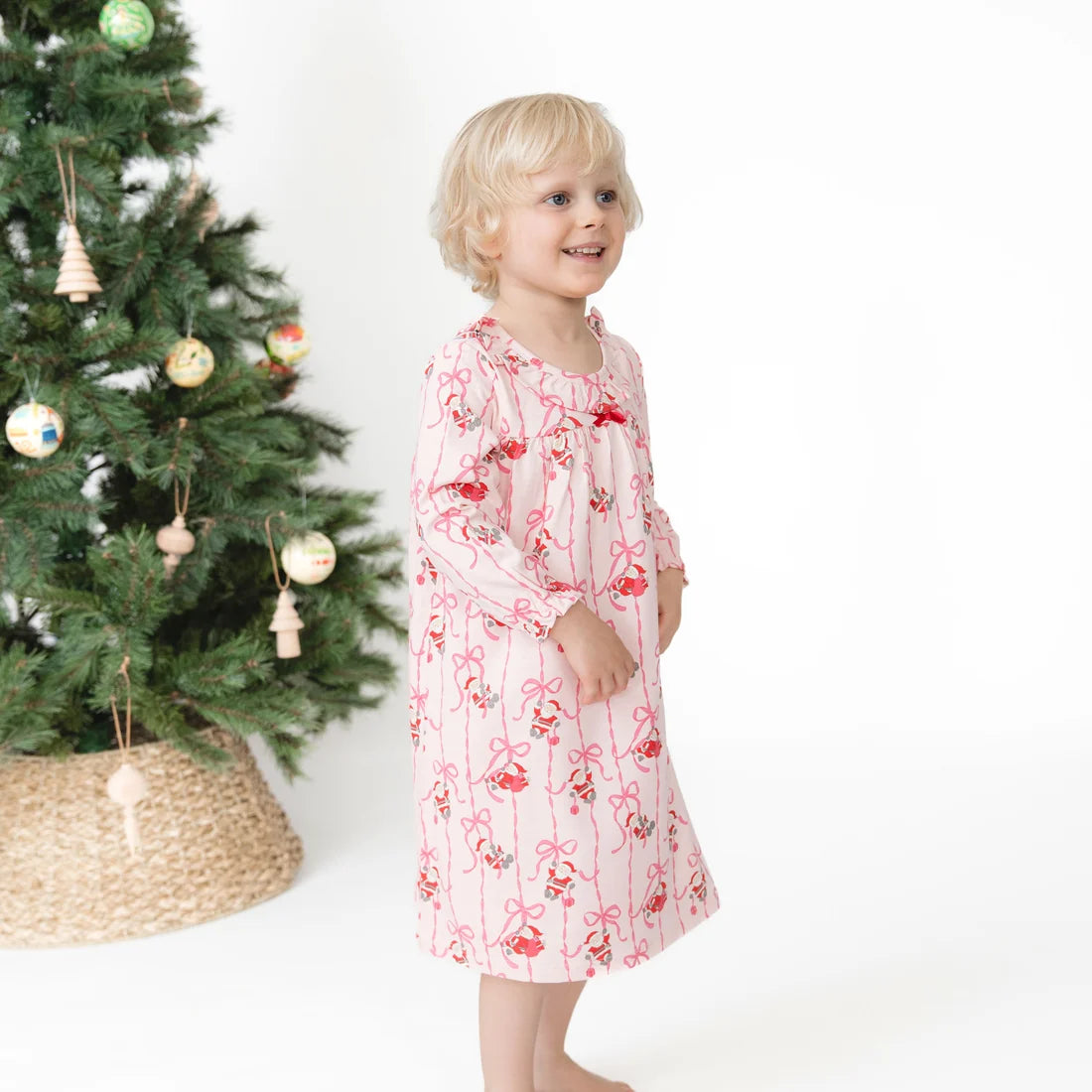 Angel Dear Pink | Bows & Santa Long Sleeve Gown with Ruffle Collar