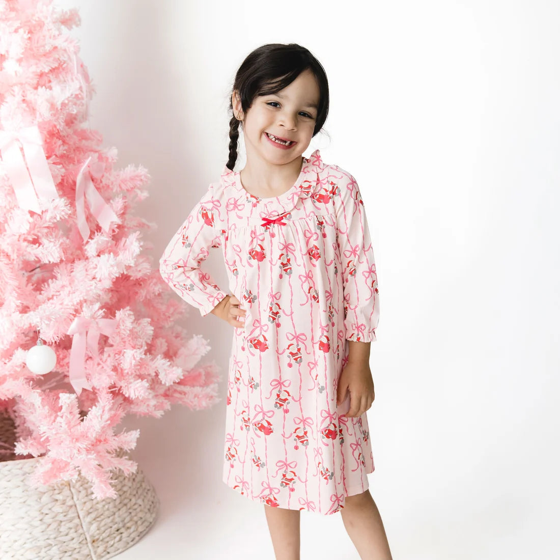 Angel Dear Pink | Bows & Santa Long Sleeve Gown with Ruffle Collar
