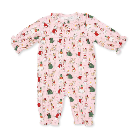 Angel Dear Pink | Christmas Dogs Long Sleeve Ruffle Collar Romper